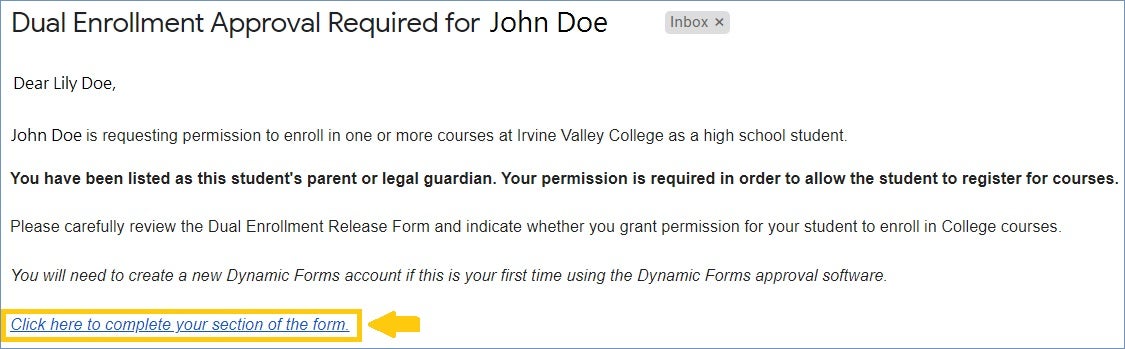 Parent Email Confirmation Screenshot